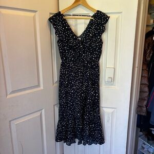 Elegant Navy Faux Wrap Polka Dot Dress